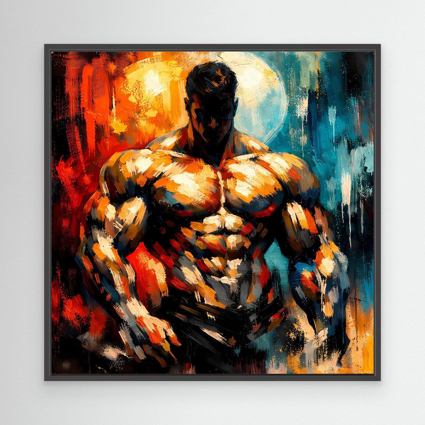 Leinwandbild mit abstraktem Bodybuilder, orange-blau, schwarzer Rahmen