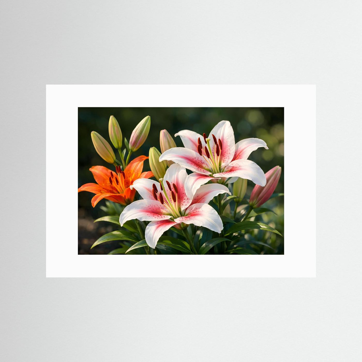Blumenposter ohne Rahmen mit Lilienblüten in Weiß und Orange, weiße Einfassung