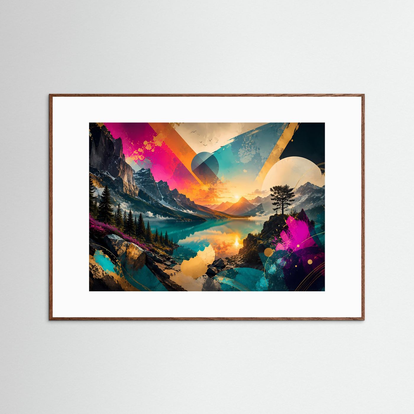 Abstrakte Berglandschaft Poster | Moderner Bergsee Sonnenuntergang | Geometrische Landschaft Kunst | Bunte Panorama Leinwand | Contemporary Wall Art