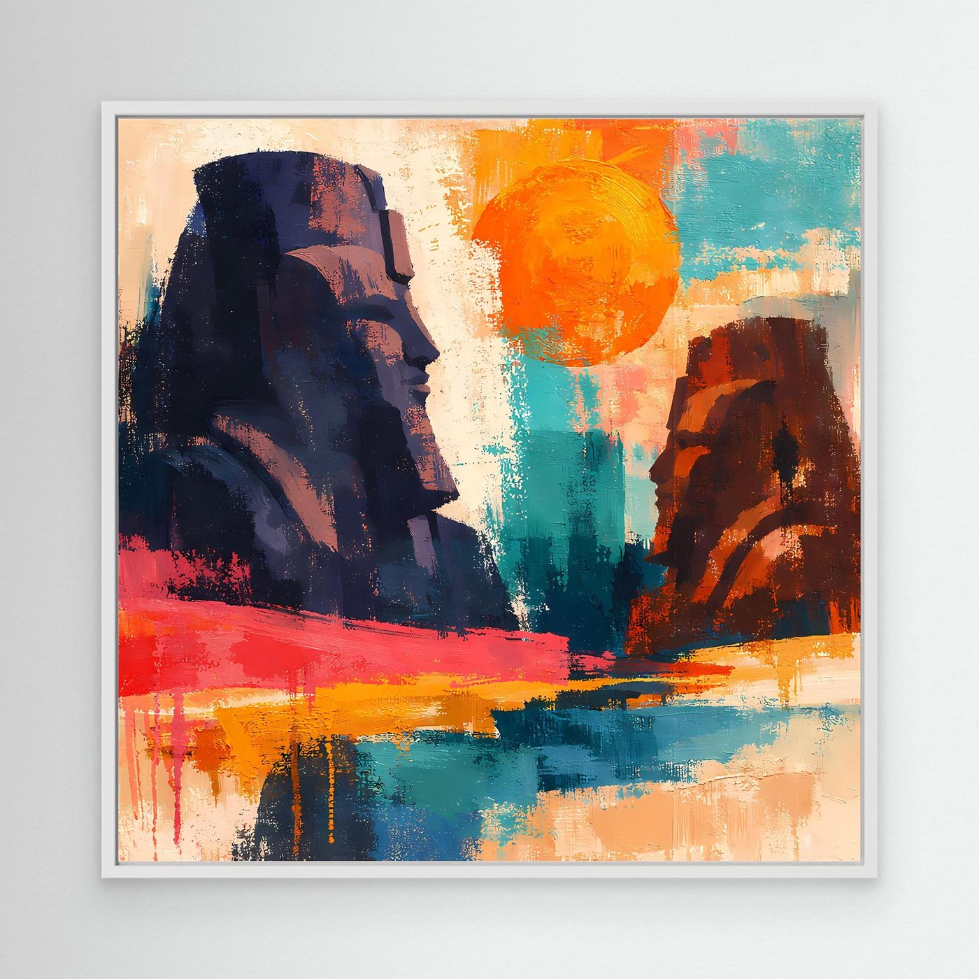 Leinwandbild mit hellem Rahmen: abstrakte Pharaonenstatuen, starke Farben in Blau und Orange.