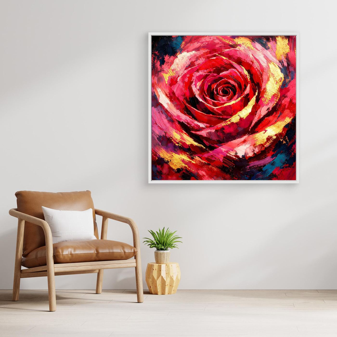 Gerahmtes Leinwandbild mit abstrakter roter Rosenblüte, Pinselstriche in Gelb und Blau.