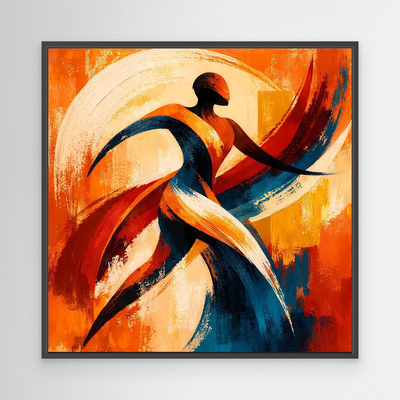 Leinwandbild abstrakte Tänzer-Silhouette mit schwarzem Rahmen, orange, rot und blau