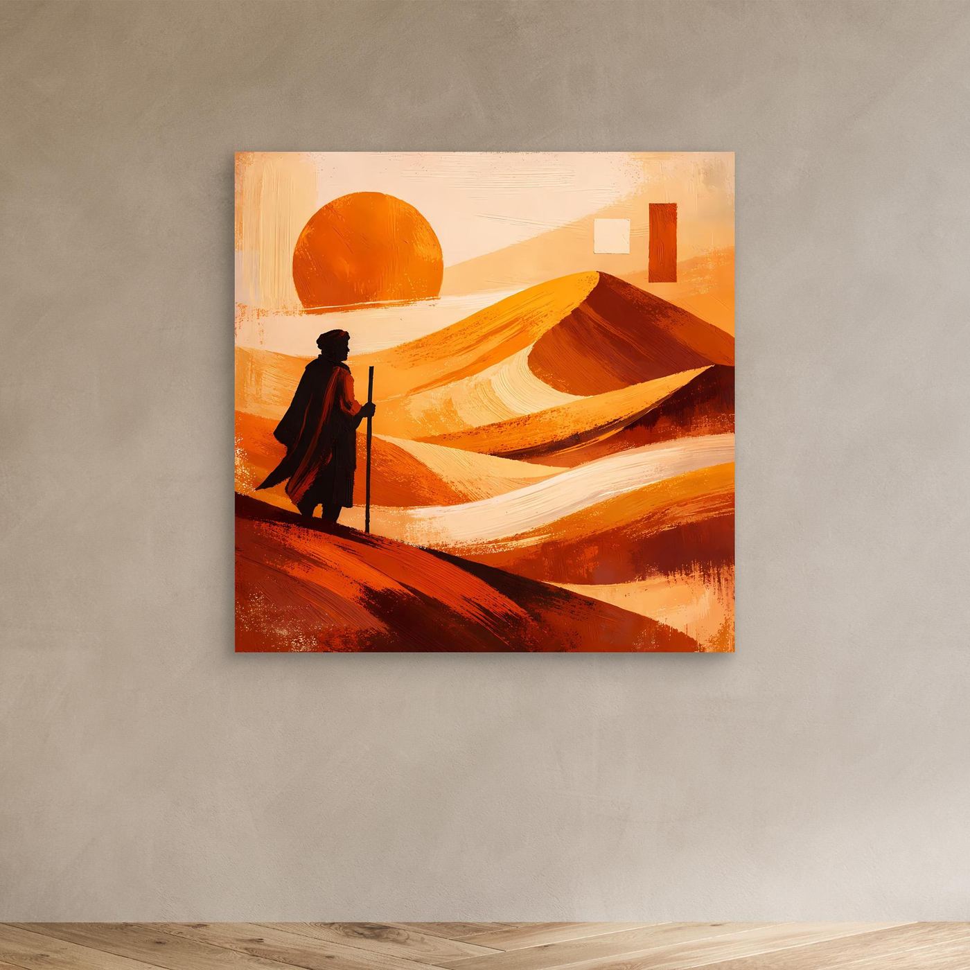 Abstraktes Leinwandbild mit Wüstenlandschaft: orange Sonne, Figur mit Stab auf Dünen