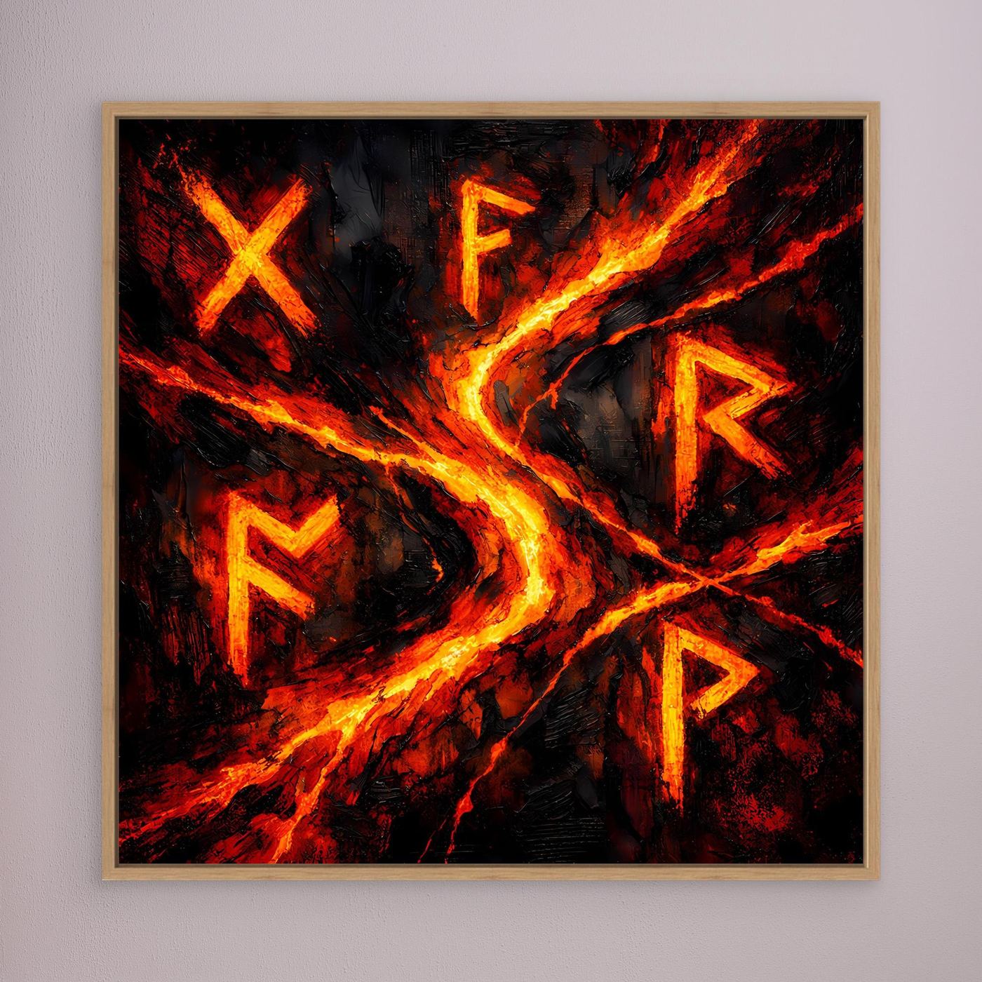 Wandbild mit Lavaflammen und Runen, rot-orange, hellbraun gerahmt