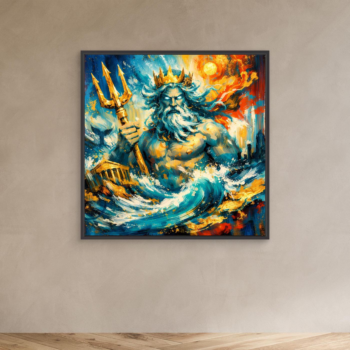 Leinwandbild mit Poseidon-Gestalt, goldenen Speeren und Wellen, schwarzer Rahmen