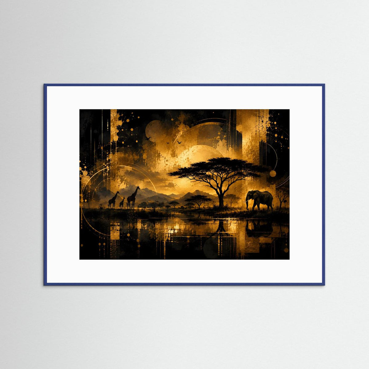 Poster im Querformat mit blauem Holzrahmen: Savanne mit Elefanten und Giraffen