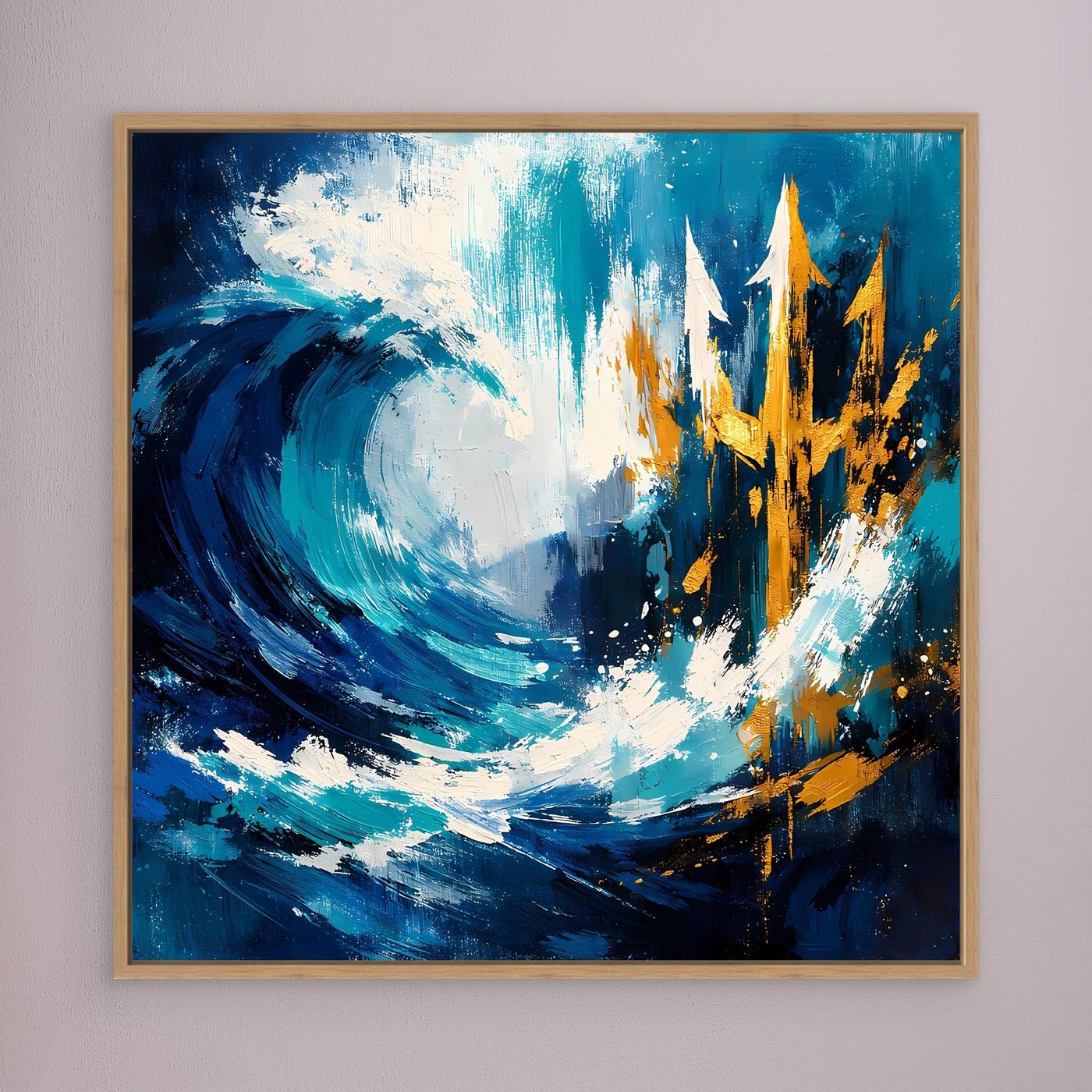 Wood-framed ocean wave canvas art with gold skyline and blue abstract brush strokes