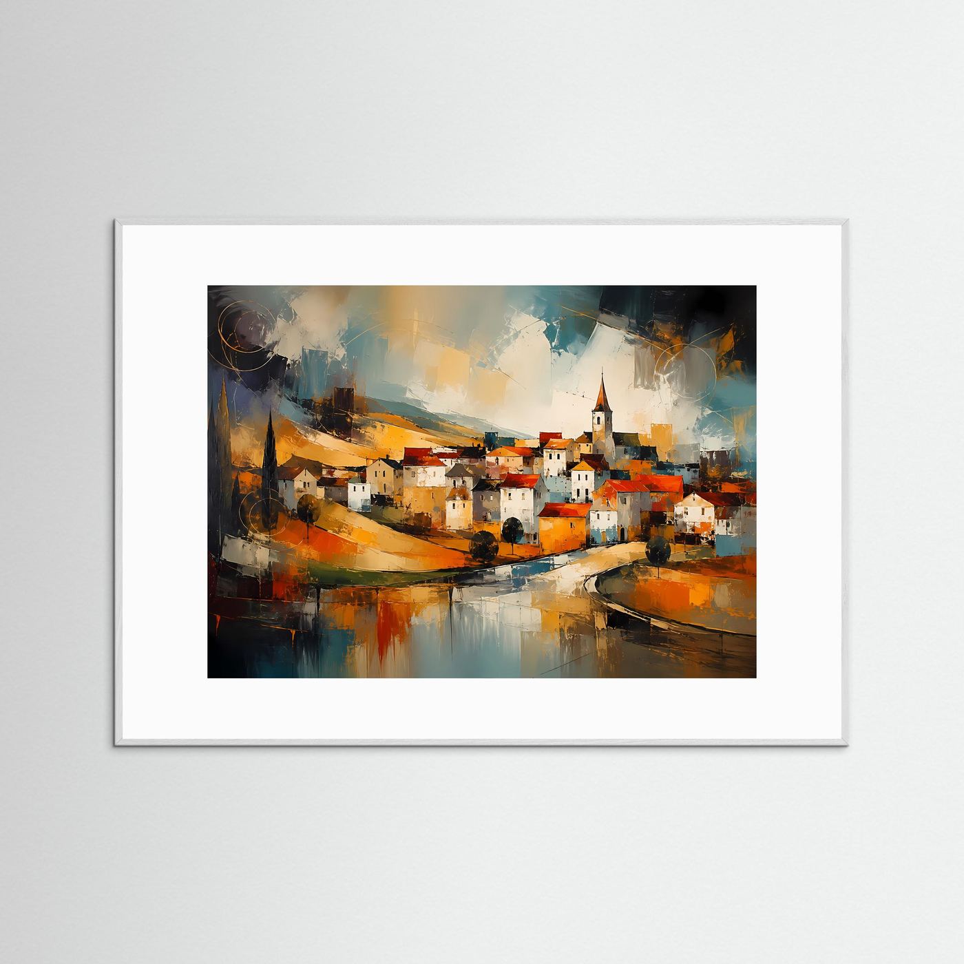 Gerahmtes Kunstposter mit abstraktem Dorf am Fluss und Brücke, weißer Rahmen