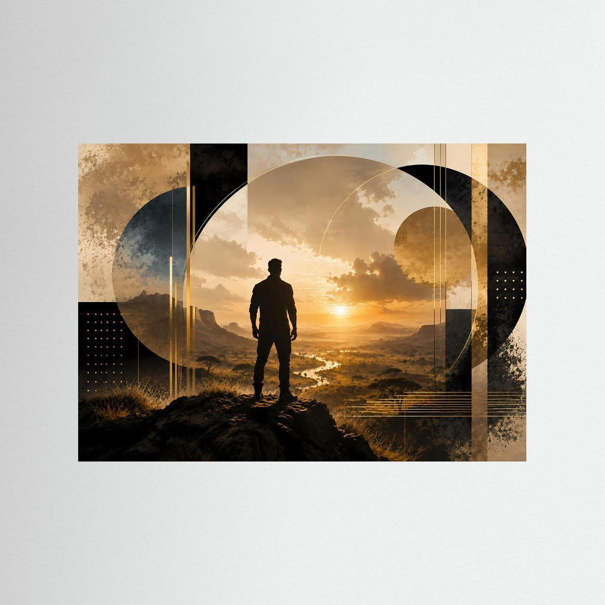 Poster im Querformat mit Silhouette eines Mannes und goldenem Sonnenmotiv