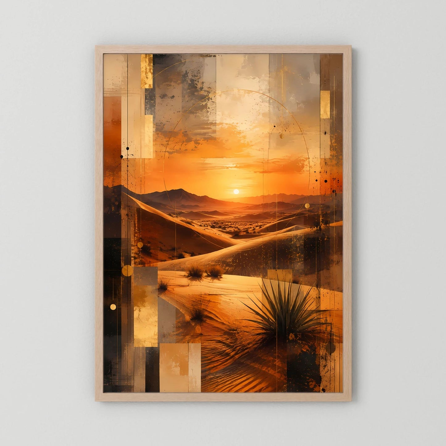 Wüstenlandschafts-Poster, Hochformat, beiger Rahmen; orange-schwarze Wüstenlandschaft