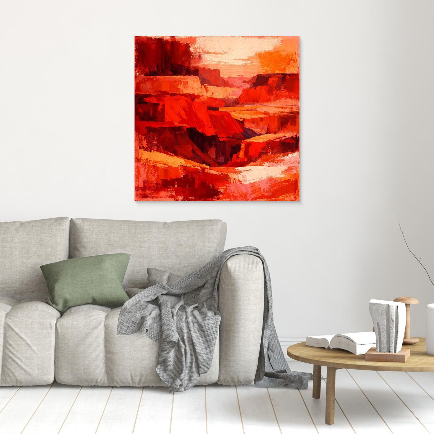Quadratisches abstraktes Wandbild Canyon in Rot ohne Rahmen im Wohnraum
