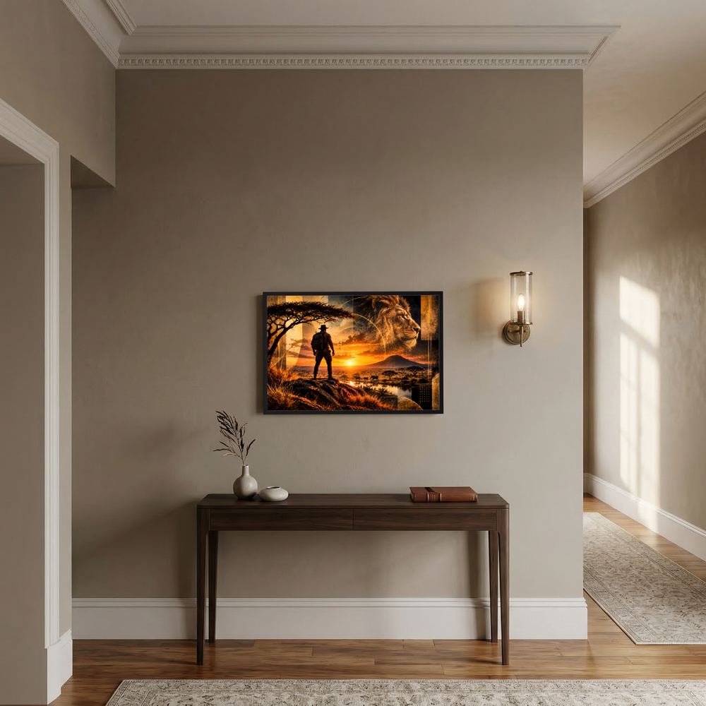 Querformatposter mit afrikanischer Savanne, Löwe und Sonnenuntergang, Silhouetten