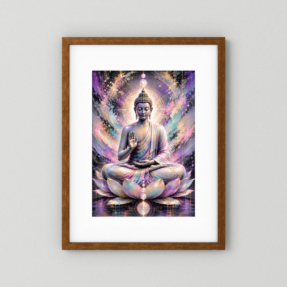 Gerahmtes Poster im Hochformat: Buddha im Lotussitz, Pastell-Aura und Lichtring, Holzrahmen
