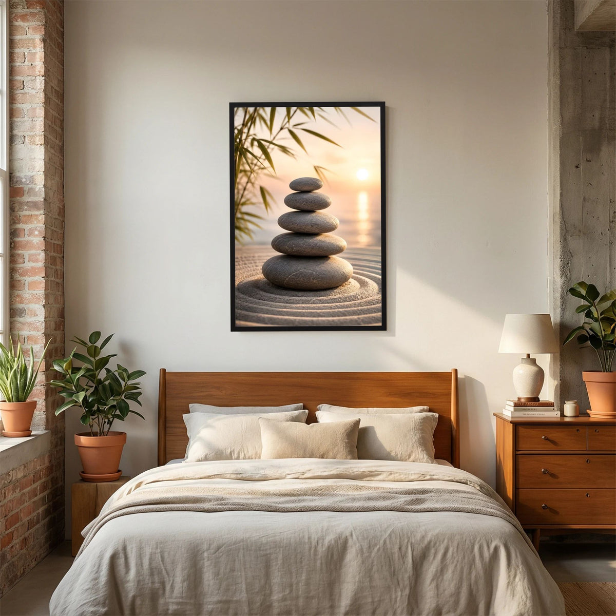 Kunstposter Hochformat im Schlafzimmer: dunkler Stein-Stapel mit Bambus, schwarz gerahmt