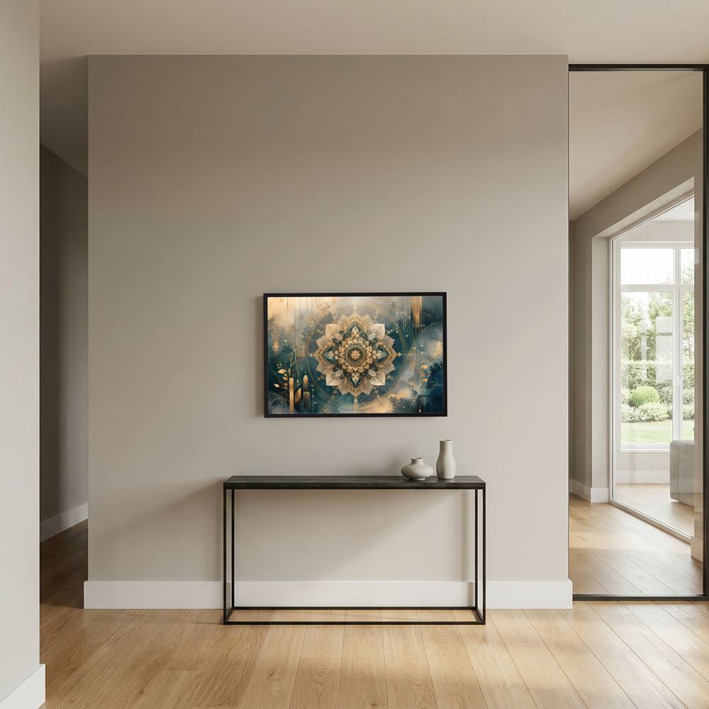 Kleines gerahmtes Poster im Querformat mit goldener Lotus-Mandala-Geometrie auf Petrol