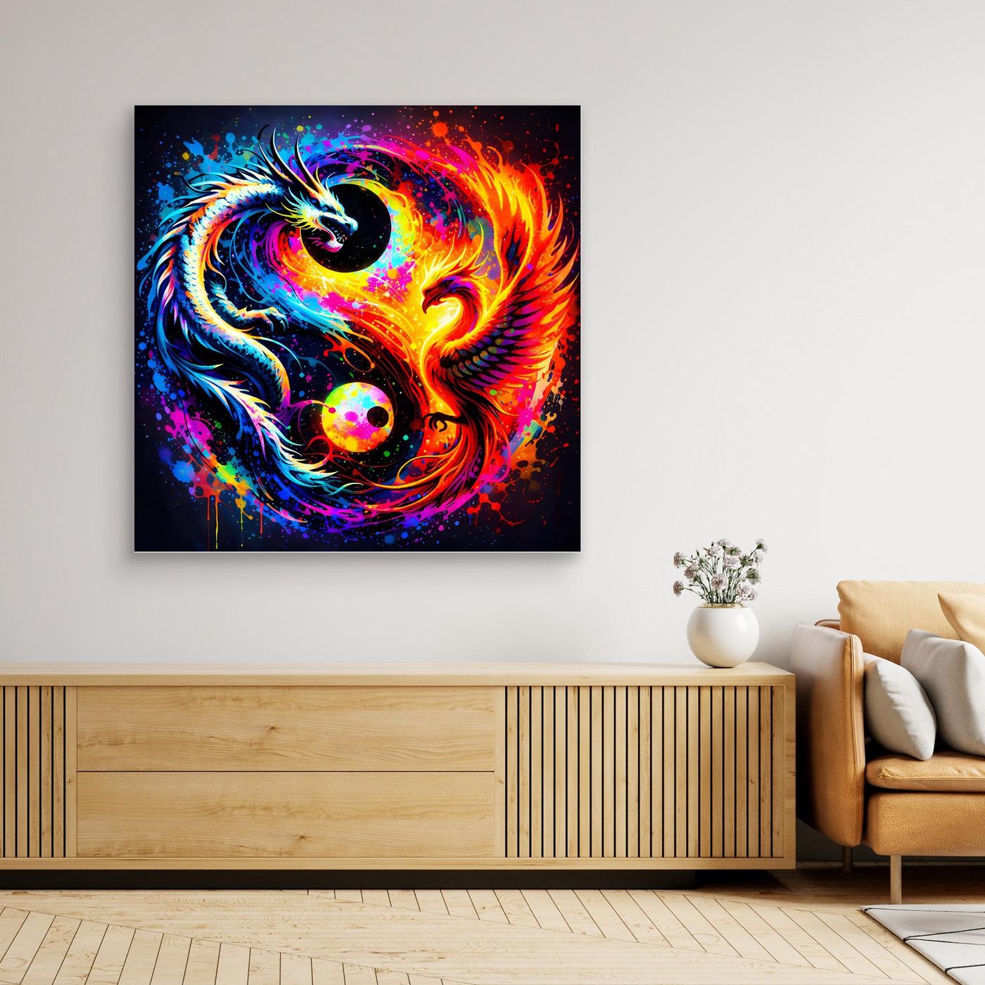 Leinwandbild mit Yin-Yang-Drachen und Phönix, bunt, schwarzer Rahmen