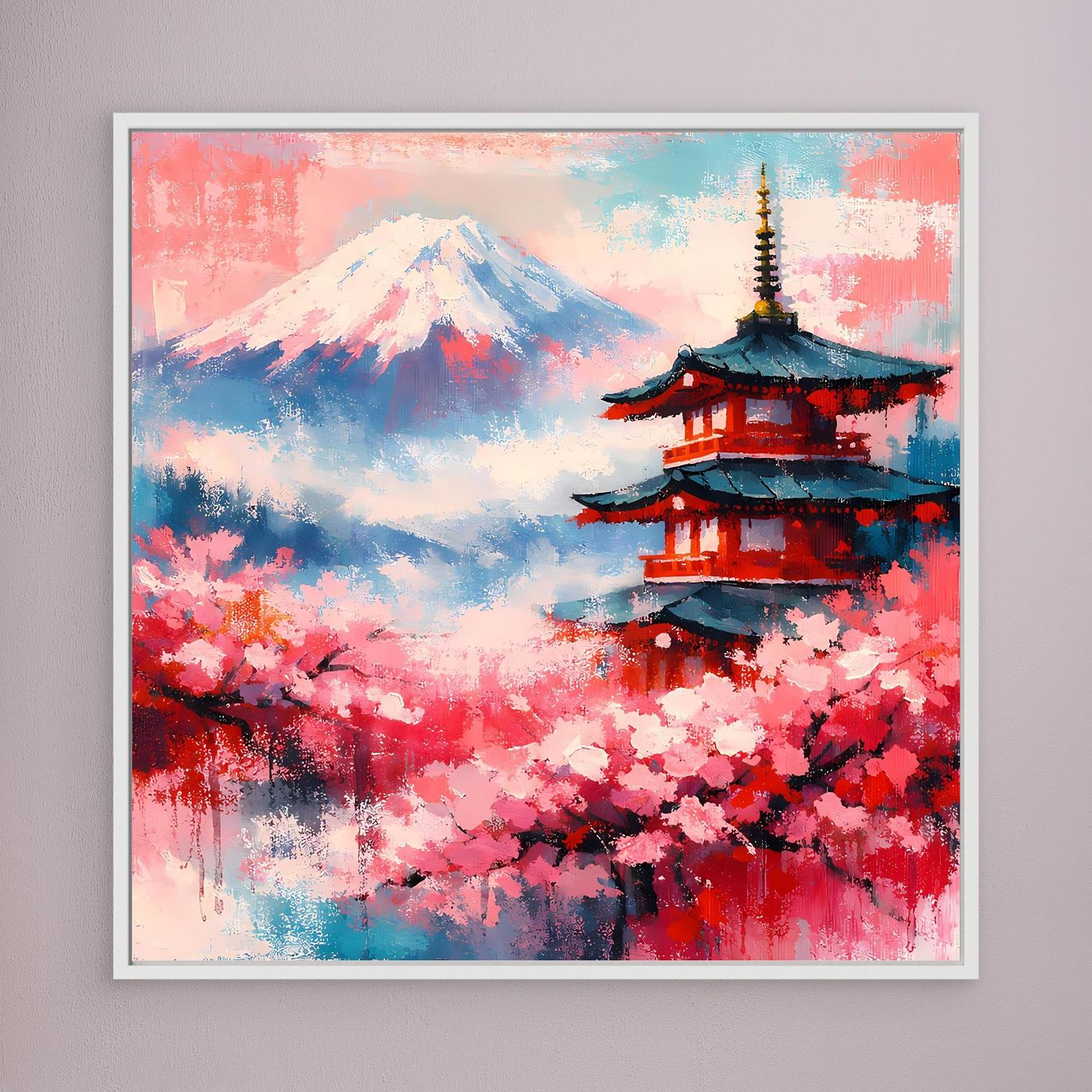 Wandbild auf Leinwand: Mount Fuji, Pagode und Kirschblüten, hell gerahmt