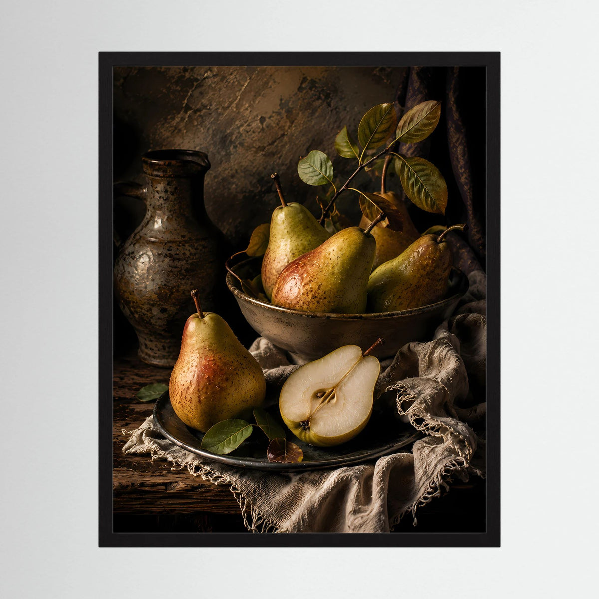 Gerahmtes Poster mit Birnen-Stillleben: Schale mit Früchten und Keramikvase