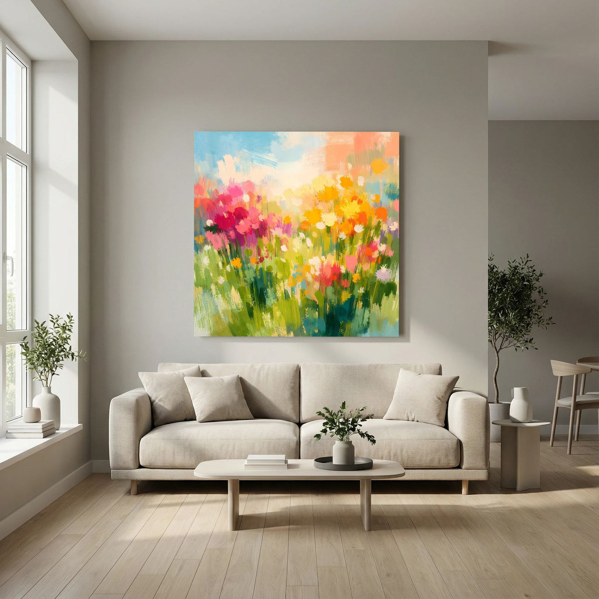 Leinwandbild mit abstrakten Wildblumen in Grün, Pink und Orange, ohne sichtbaren Rahmen
