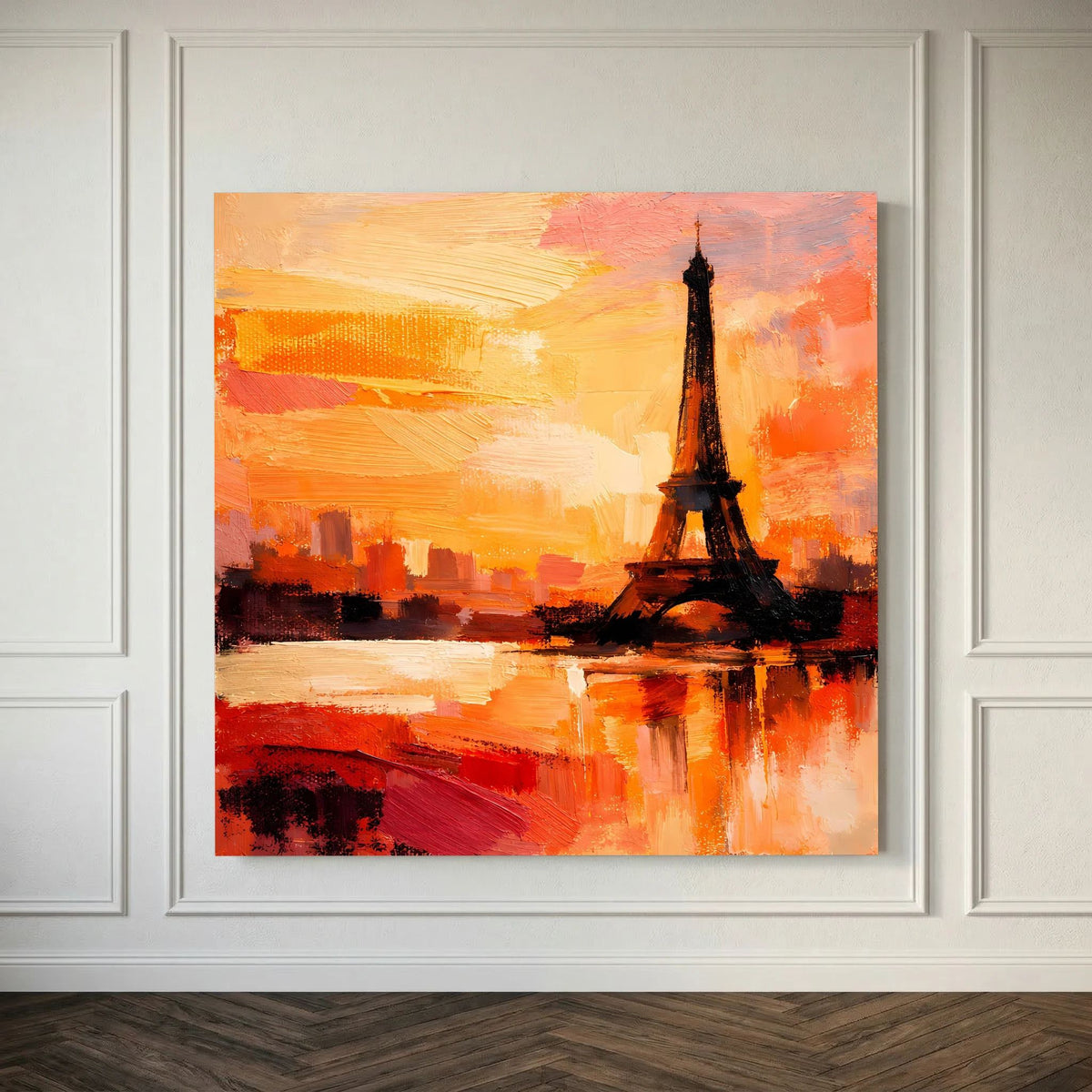 Leinwand Abstraktes Eiffelturm Paris Gemälde | Modernes Romantisches Wandbild Sonnenuntergang
