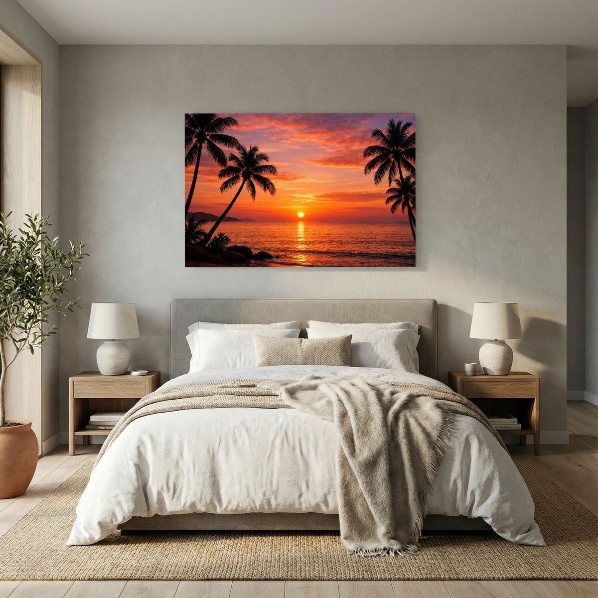 Tropisches Wandbild im Querformat mit Sonne am Horizont und Palmen vor Küste