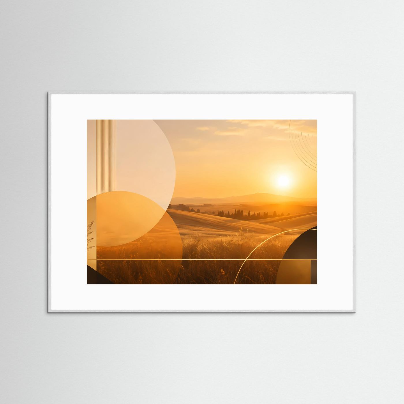 Querformat-Poster mit abstrakter Landschaft in warmen Erdtönen, weißer Rahmen