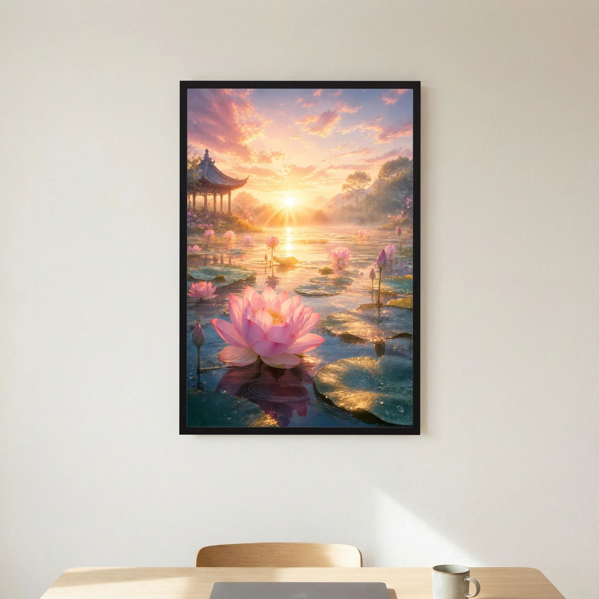 Poster im Hochformat mit rosa Lotusblüte am Teich, schwarzer Rahmen mit weißem Rand