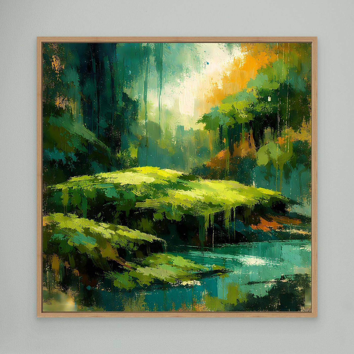 Abstraktes Dschungel-Wandbild mit grünem Fluss und gelbem Licht, Eichenrahmen