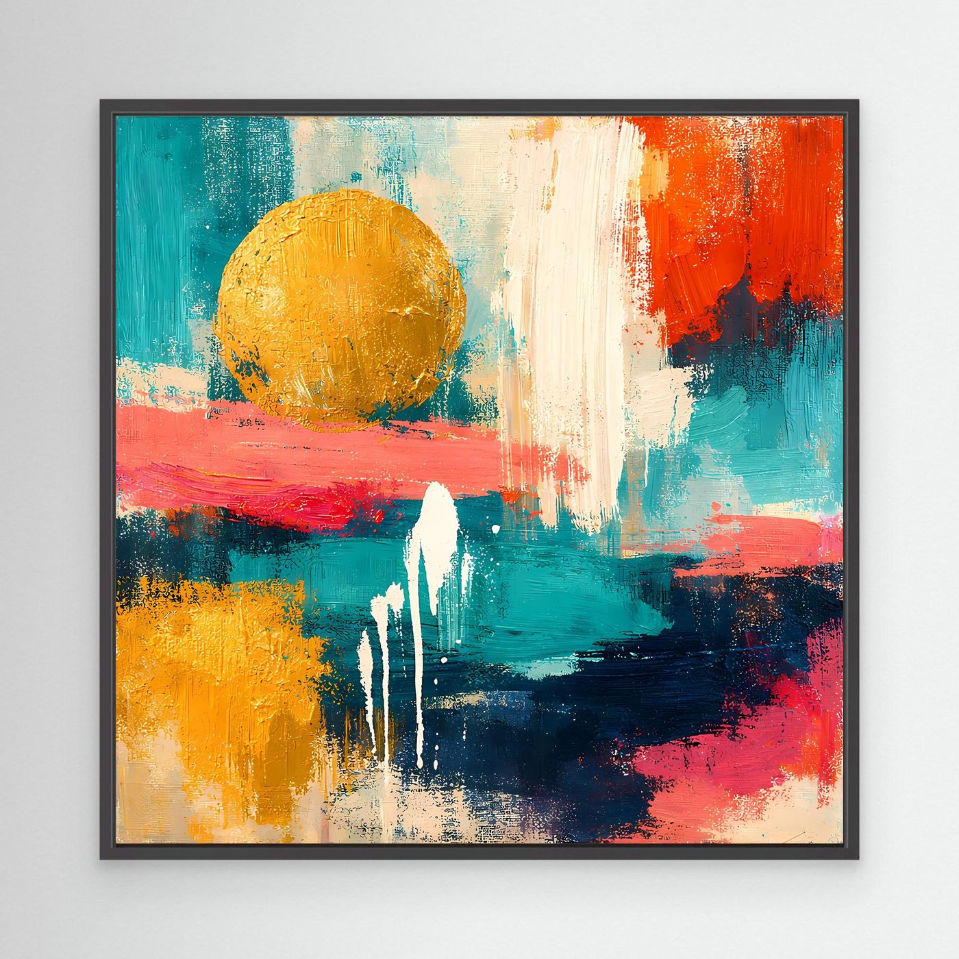 Abstraktes Leinwandbild mit goldener Sonne und Farbflächen, schwarzer Rahmen