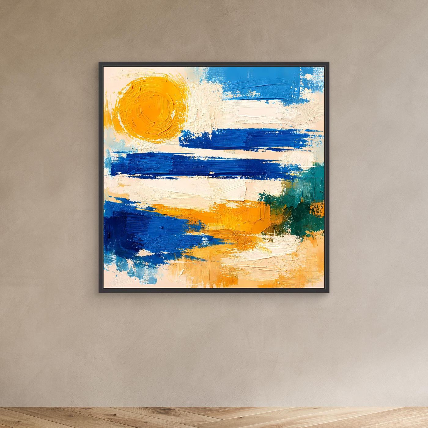 Abstract canvas wall art in a black frame with blue and yellow wave brush strokes and sun
