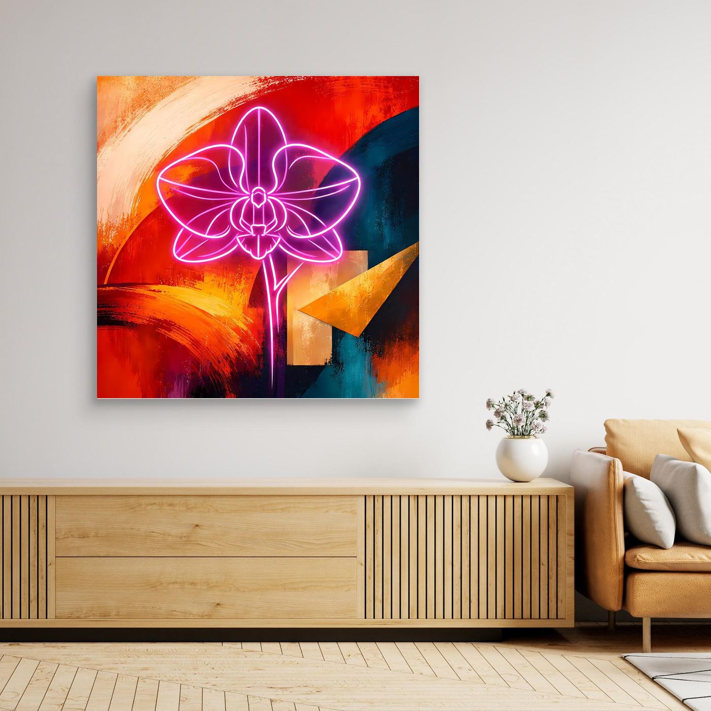 Großes gerahmtes Leinwandbild mit leuchtender Orchidee in Neonpink und buntem abstraktem Hintergrund