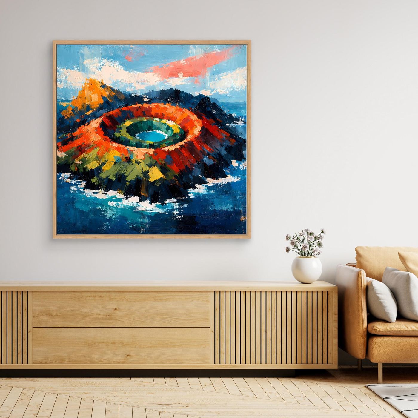 Abstraktes Leinwandbild mit Vulkankrater, mit hellbraunem Holzrahmen