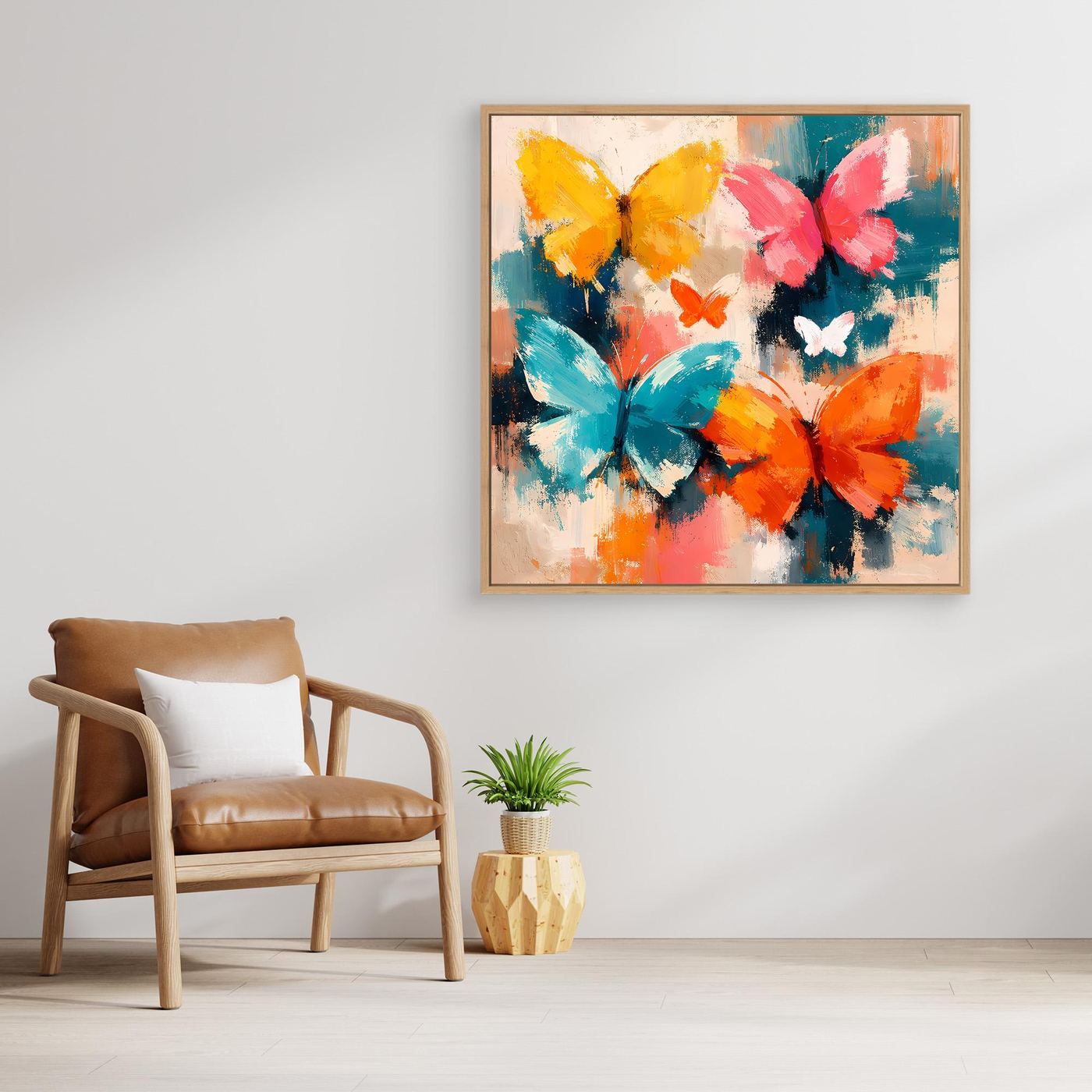 Leinwand Farbenfrohe Schmetterlinge im Flug | Abstraktes Natur & Frühling Wandbild