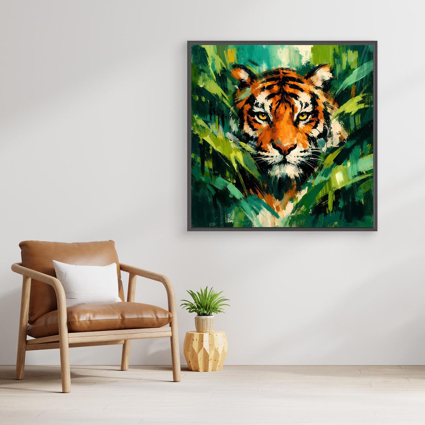 Leinwand Abstraktes Tiger Gemälde | Modernes Wandbild Raubkatze Dschungel Grün Orange