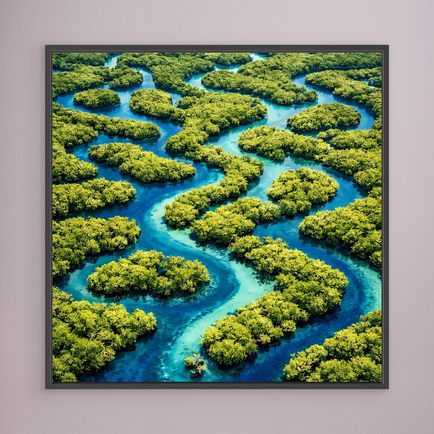 Leinwandbild mit blauem Wasserlabyrinth und grünen Inseln, schwarzer Rahmen
