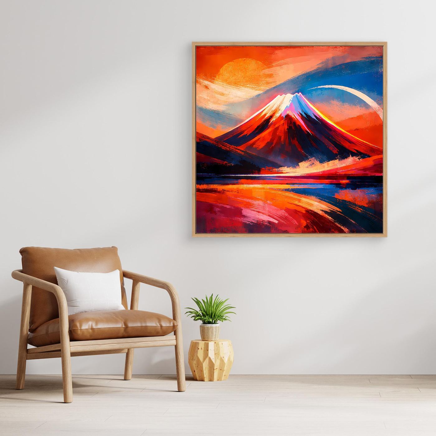 Wandbild aus Leinwand: abstraktes Bergmotiv mit Sonnenuntergangsfarben und blauer Kurve