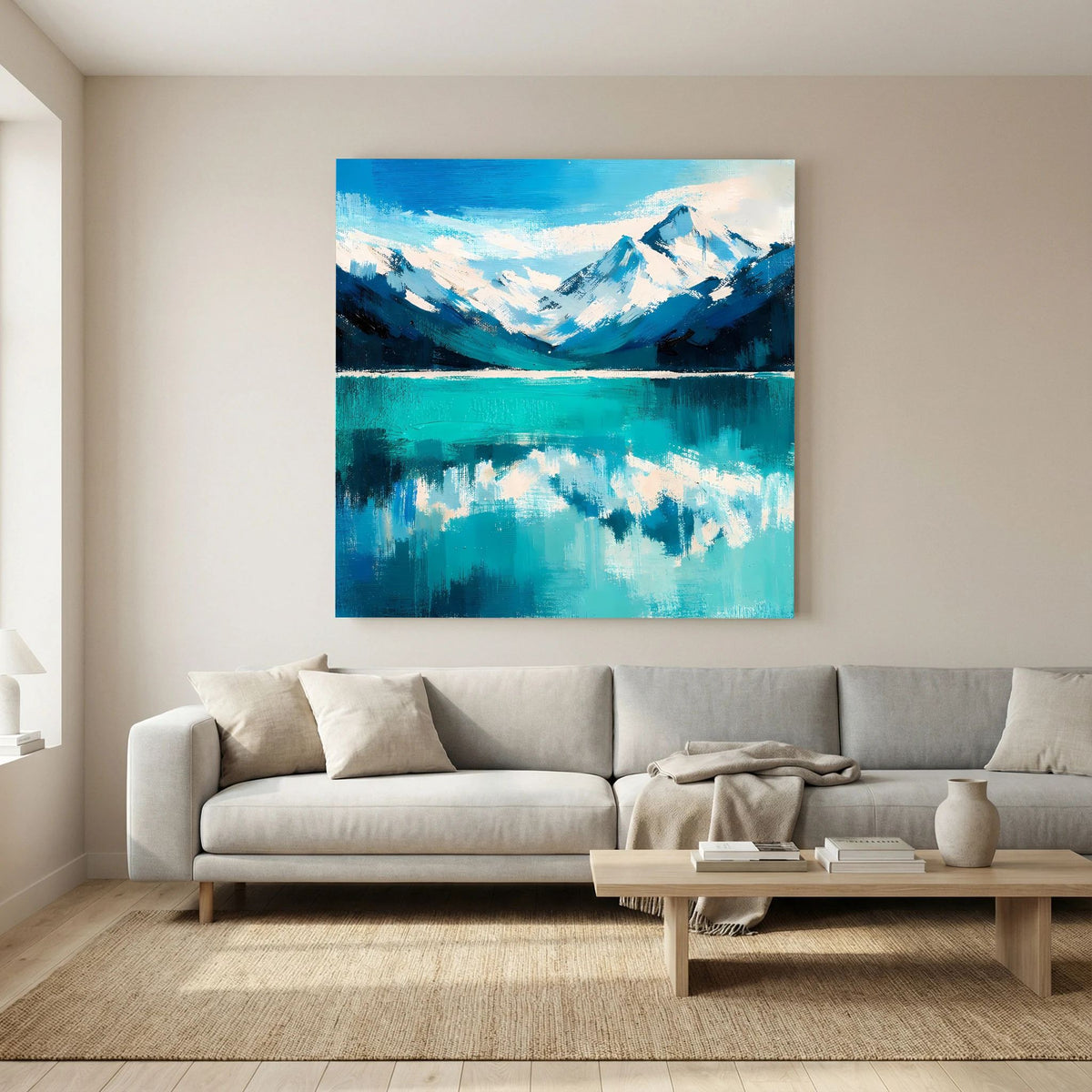 Leinwand Abstraktes Bergsee Gemälde | Modernes Alpines Wandbild Türkis Blau