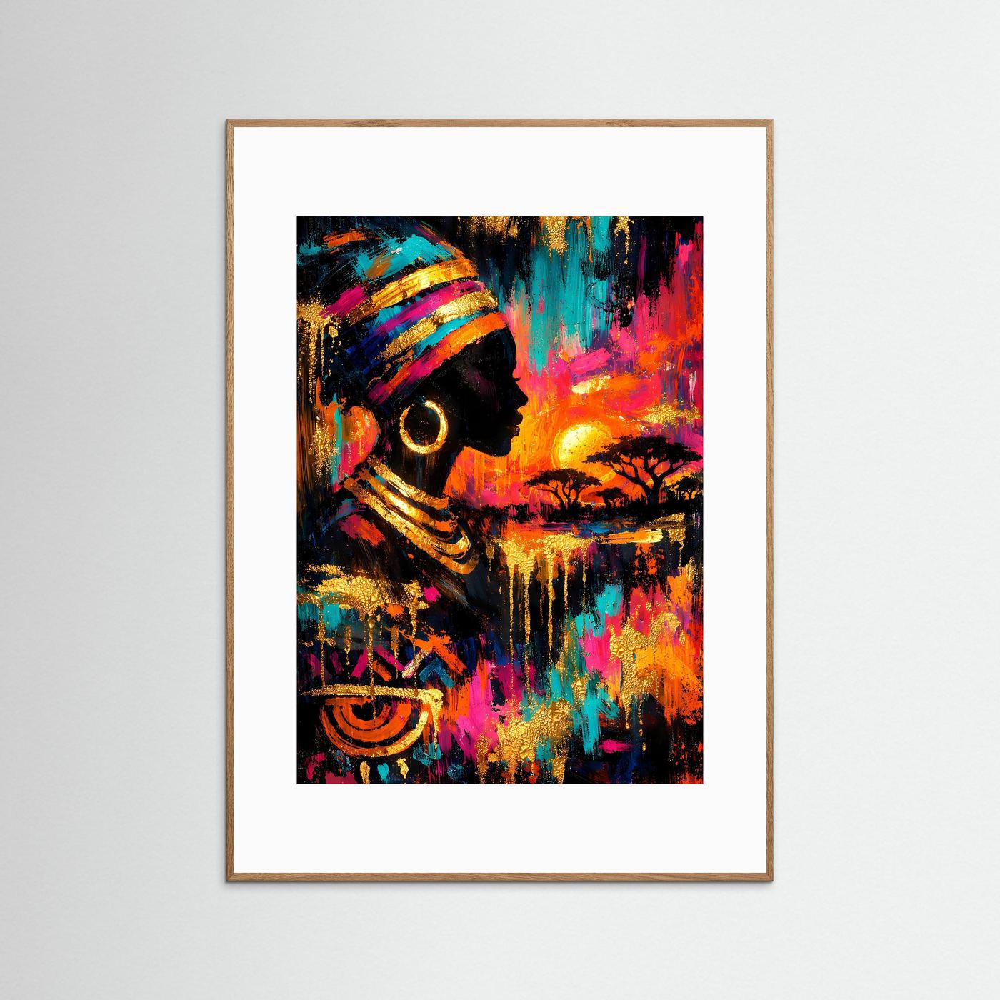 Kunstposter Hochformat: goldbrauner Rahmen, weißer Rand, Ethno-Porträt mit Neonfarben