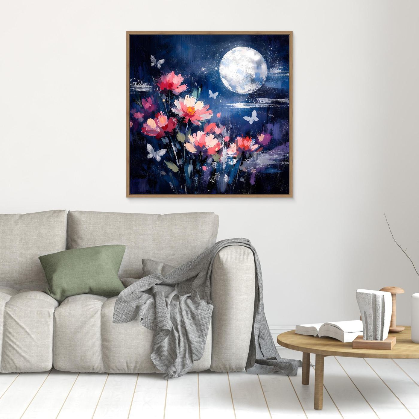 Kleines Leinwand-Wandbild mit abstrakten pinken Blumen, Schmetterlingen und hellem Mond, Holzrahmen