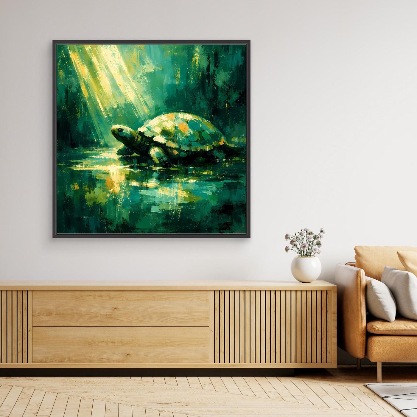 Leinwand Mystische Schildkröte im Lichtstrahl | Abstraktes Natur Wandbild Grün