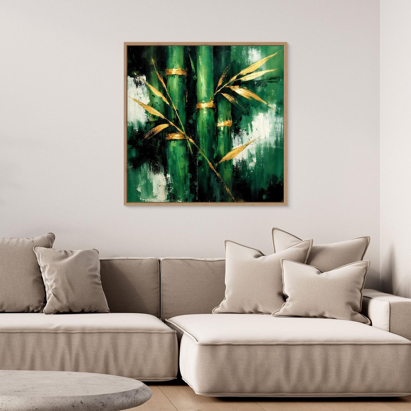 Leinwand Abstraktes Bambus Gemälde in Grün und Gold | Modernes Natur Wandbild