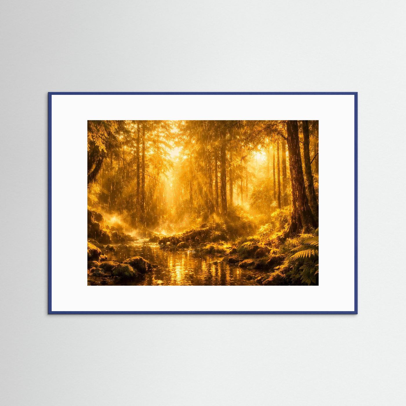 Wandposter mit Waldlandschaft und Fluss, in blauem Holzrahmen