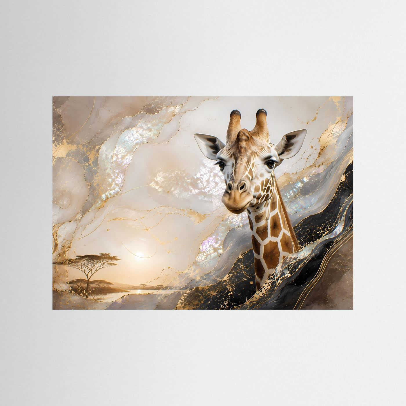 Abstrakte Safari-Wandkunst mit Giraffenmotiv in Gold- und Perlmutt-Tönen