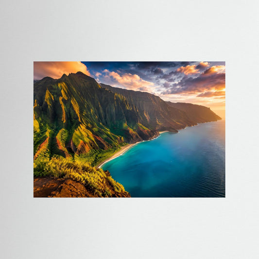 Querformat-Poster mit Klippenküste, türkisfarbenem Meer und Sonnenuntergangshimmel