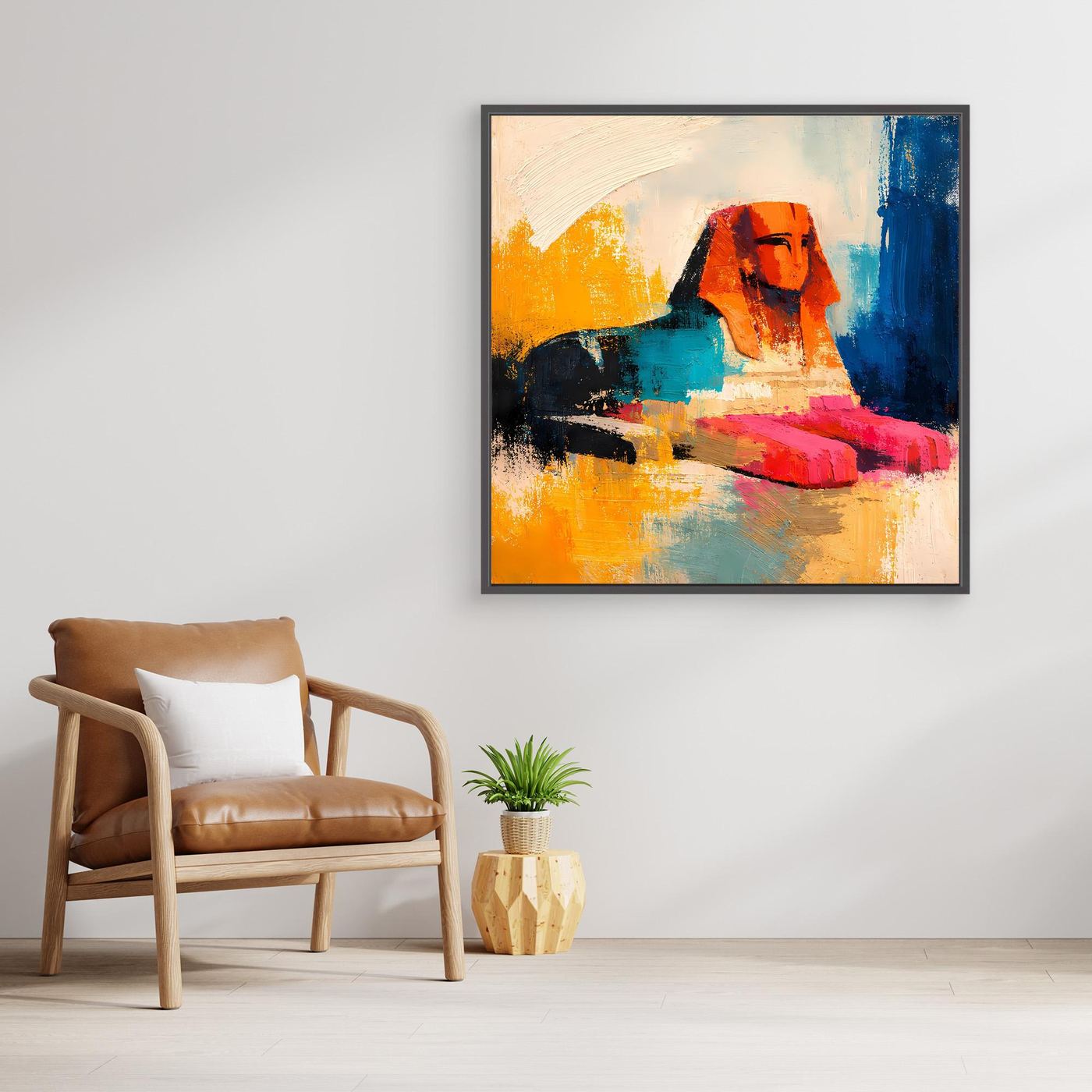 Framed abstract Egyptian sphinx canvas wall art with orange, blue, teal, and pink highlights