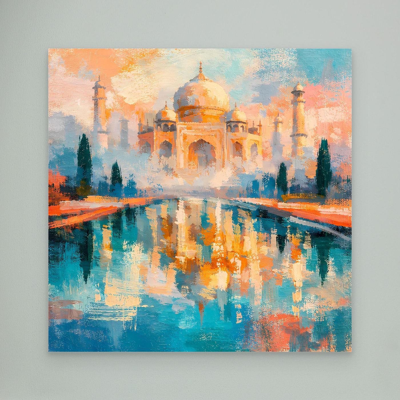 Unge­rahmtes Leinwandbild mit abstraktem Taj Mahal und Spiegelung, orange und blau