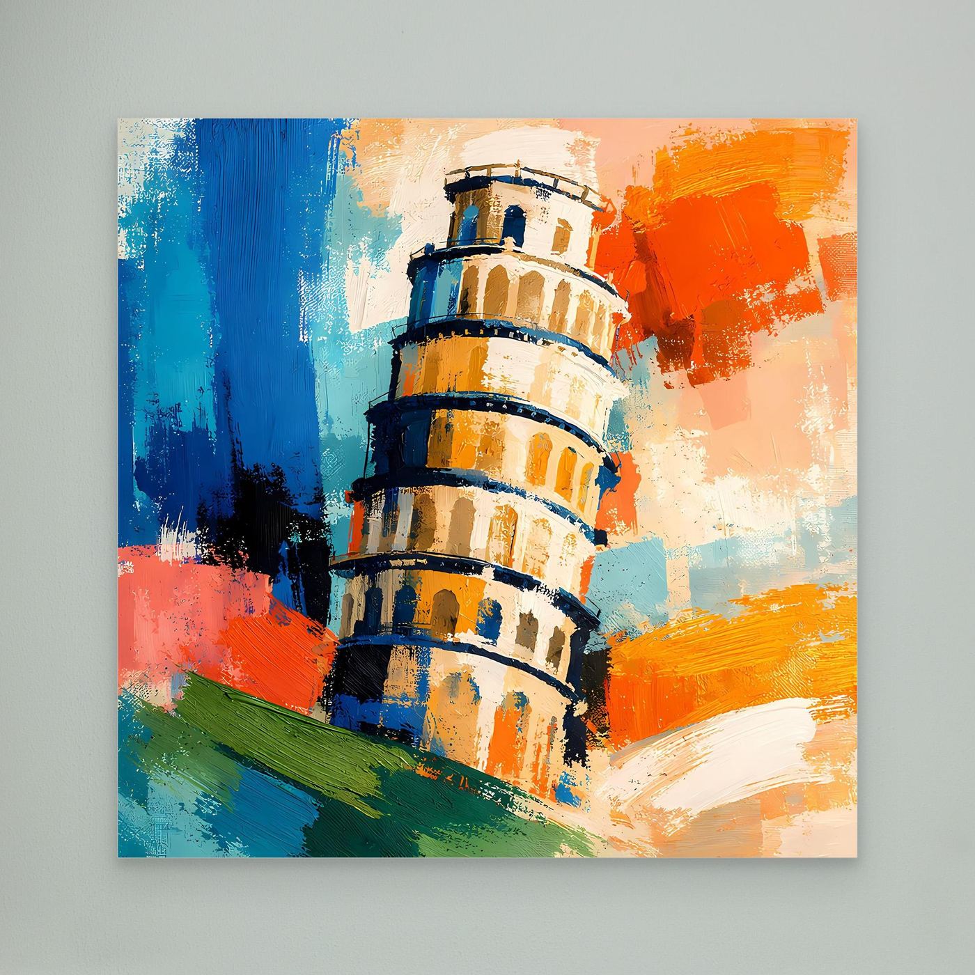 Abstract canvas wall art of Pisa tower with blue, orange, and green paint strokes.