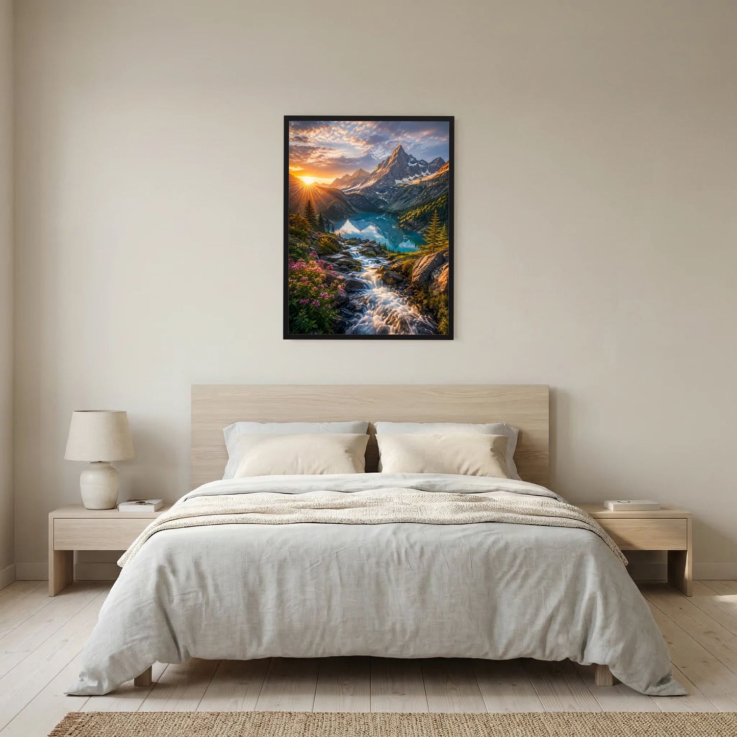 Hochformat-Wandposter mit Gebirge, Wasserfall und See bei Sonnenuntergang, schwarz gerahmt