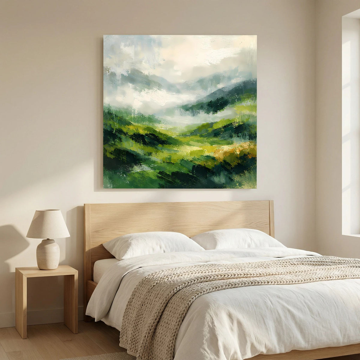 Leinwand Abstraktes Hügellandschaft Gemälde | Modernes Grünes Tal Wandbild Natur