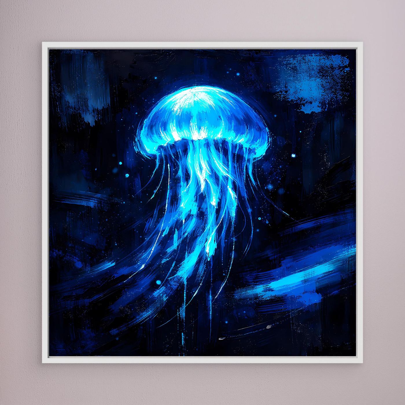 Leinwand Leuchtende Qualle im Tiefsee-Ozean | Abstraktes Biolumineszenz Wandbild